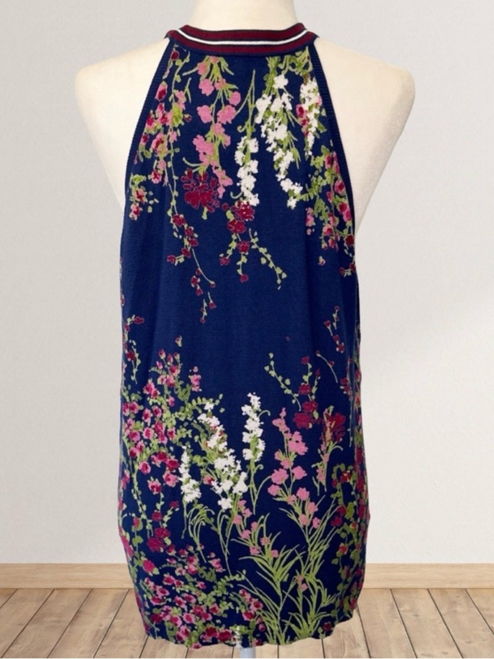 Daniel Rainn Floral Halter Sweater Tank Navy Knit Stretch Size L NWOT - Picture 4 of 7